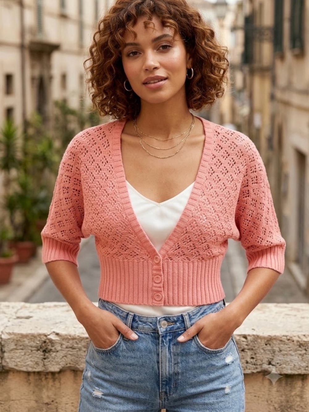 Next Era Couture Pink Coquette Cropped Knit Cardigan size small buttons sweater.